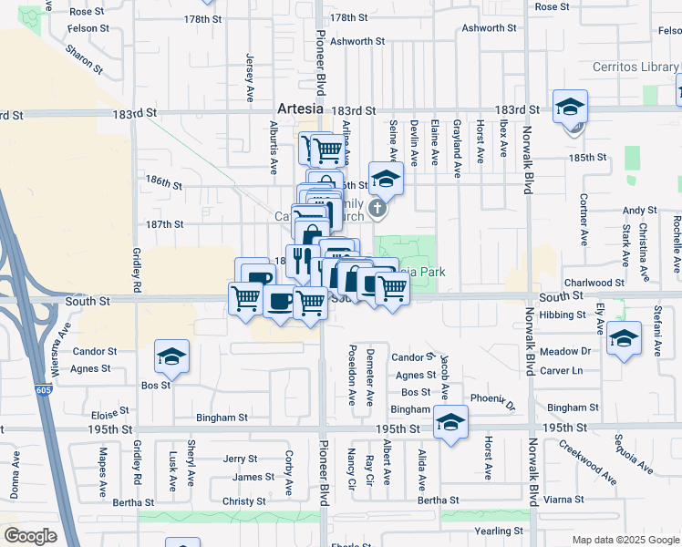 map of restaurants, bars, coffee shops, grocery stores, and more near 11812 East Solana Place in Cerritos