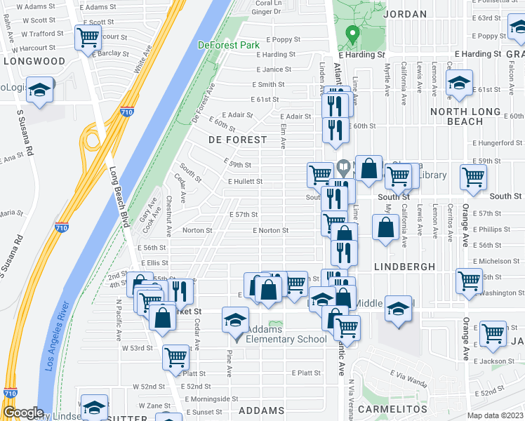 map of restaurants, bars, coffee shops, grocery stores, and more near 5700 Locust Avenue in Long Beach