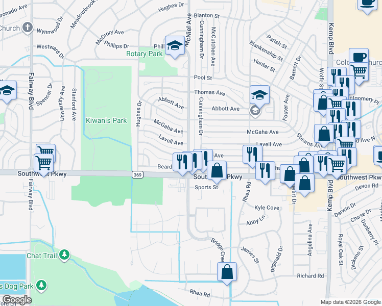 map of restaurants, bars, coffee shops, grocery stores, and more near 4448 Cunningham Drive in Wichita Falls