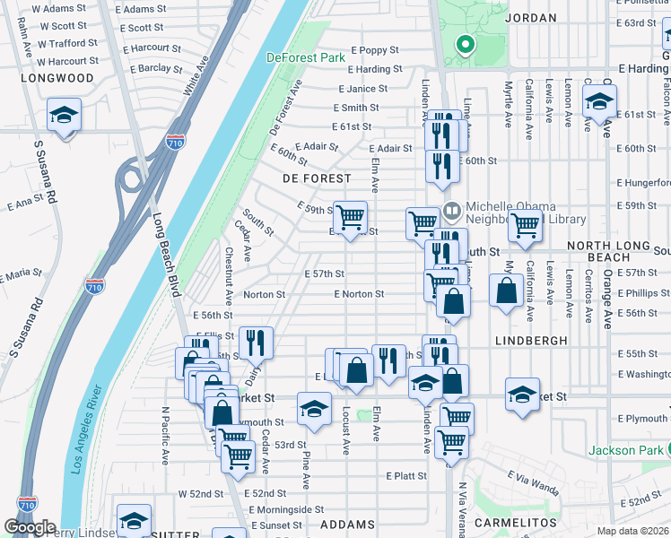 map of restaurants, bars, coffee shops, grocery stores, and more near 267 East 57th Street in Long Beach