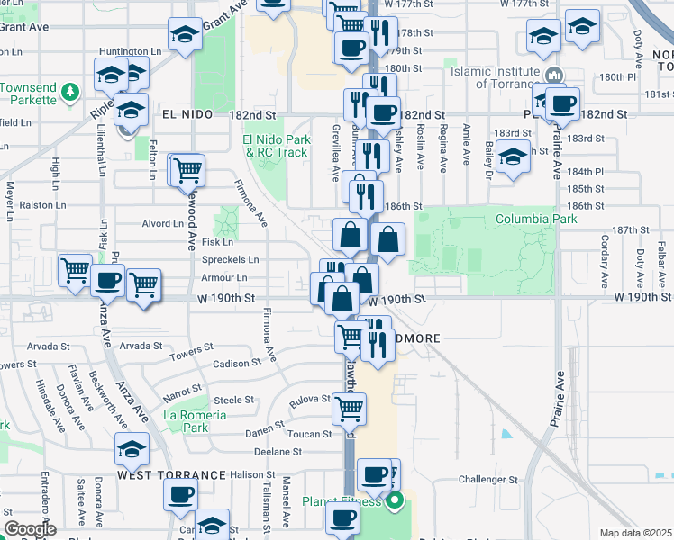 map of restaurants, bars, coffee shops, grocery stores, and more near 2912 Spreckels Court in Redondo Beach