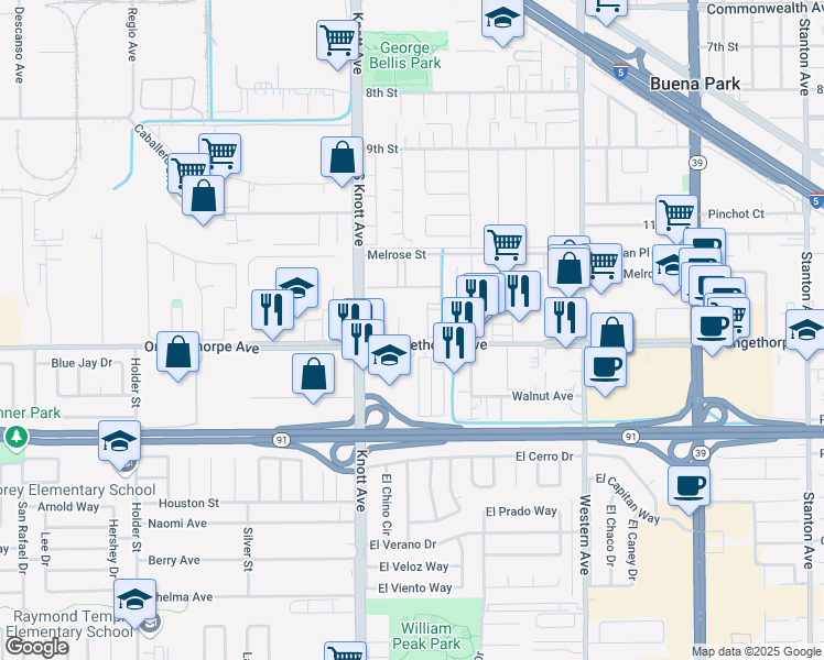 map of restaurants, bars, coffee shops, grocery stores, and more near 7037 Orangethorpe Avenue in Buena Park