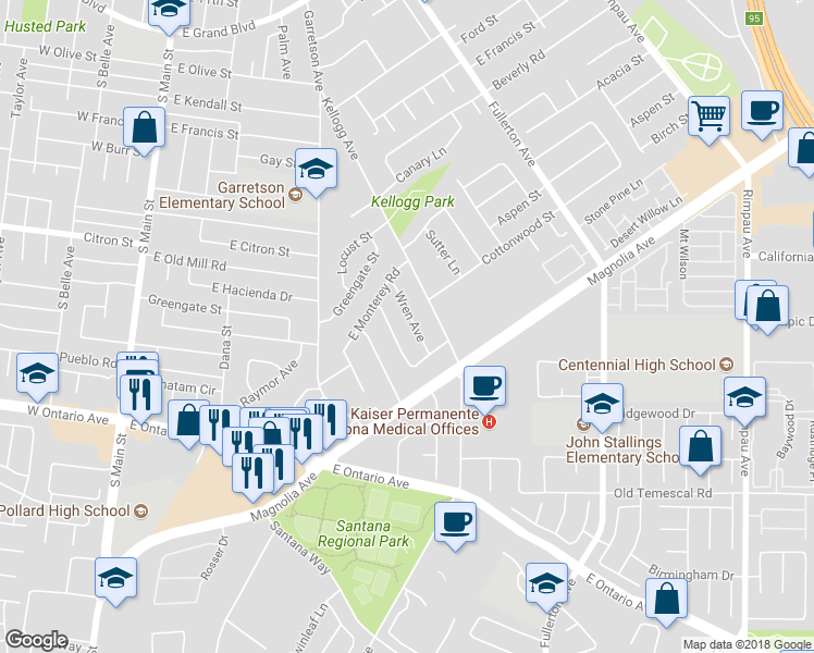 map of restaurants, bars, coffee shops, grocery stores, and more near 1898 Wren Avenue in Corona