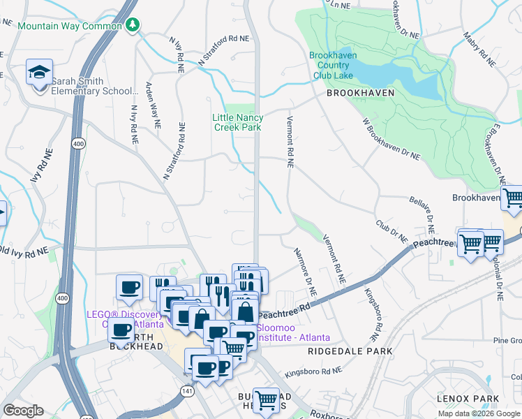 map of restaurants, bars, coffee shops, grocery stores, and more near 3815 Peachtree Dunwoody Road in Atlanta