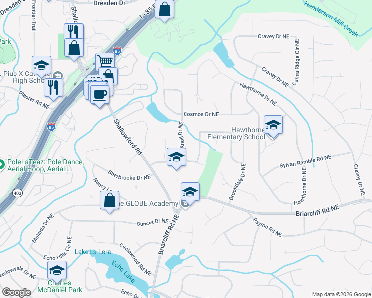 map of restaurants, bars, coffee shops, grocery stores, and more near 2525 Flair Knoll Dr NE in Atlanta
