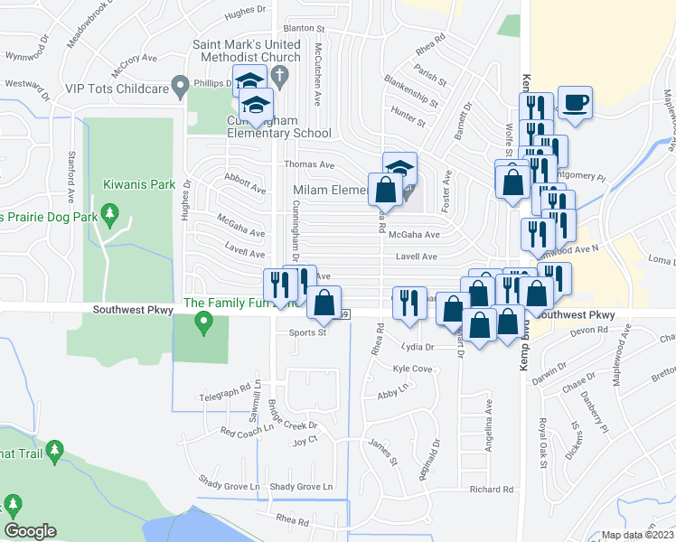 map of restaurants, bars, coffee shops, grocery stores, and more near 3018 Moffett Avenue in Wichita Falls