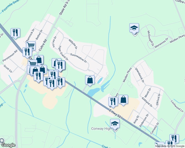 map of restaurants, bars, coffee shops, grocery stores, and more near 1407 Ferney Drive in Conway
