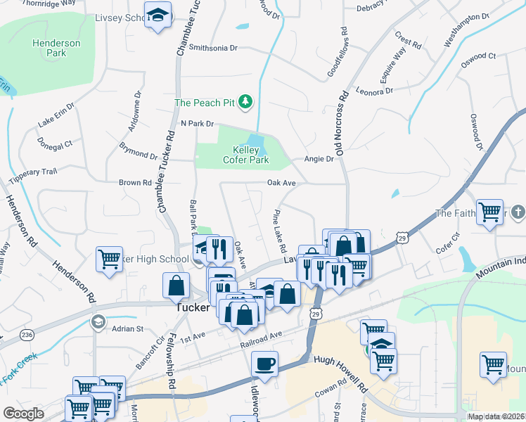 map of restaurants, bars, coffee shops, grocery stores, and more near 4325 Lehaven Circle in Tucker
