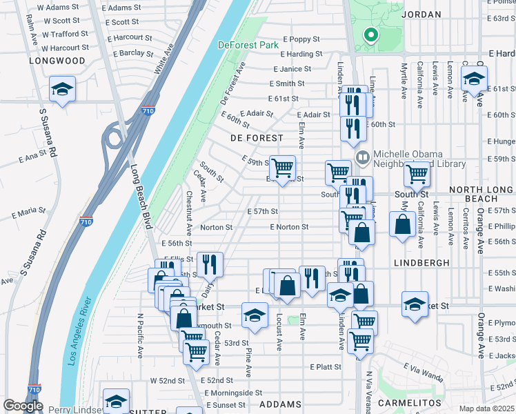 map of restaurants, bars, coffee shops, grocery stores, and more near 229 East 57th Street in Long Beach