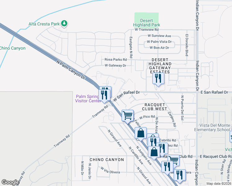map of restaurants, bars, coffee shops, grocery stores, and more near 2809 North Los Felices Road in Palm Springs