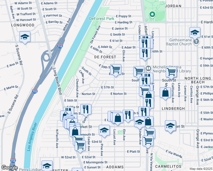 map of restaurants, bars, coffee shops, grocery stores, and more near 237 East 57th Street in Long Beach