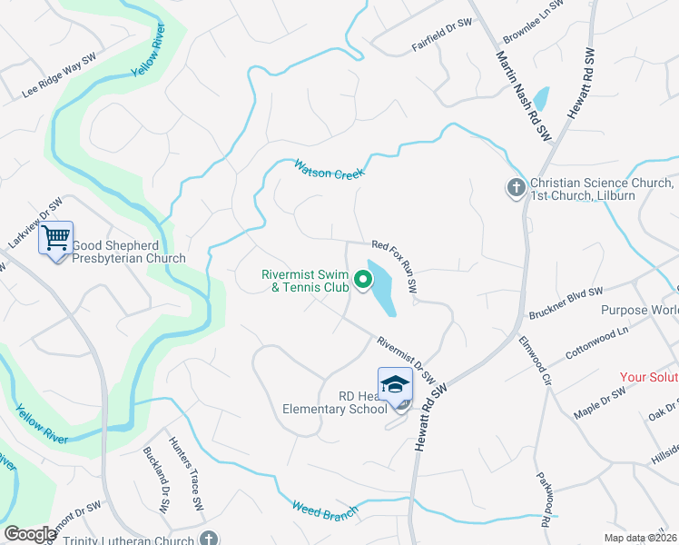 map of restaurants, bars, coffee shops, grocery stores, and more near 1585 Stonelake Trail Southwest in Lilburn