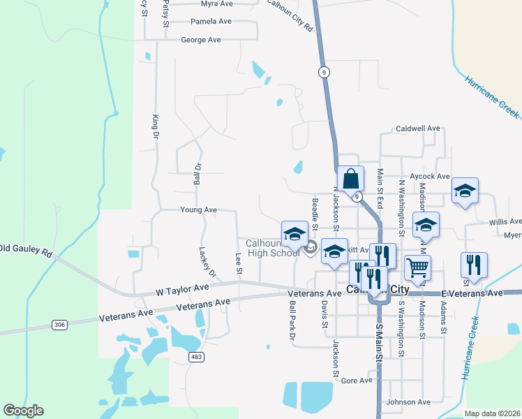map of restaurants, bars, coffee shops, grocery stores, and more near 130 Rochelle Drive in Calhoun City
