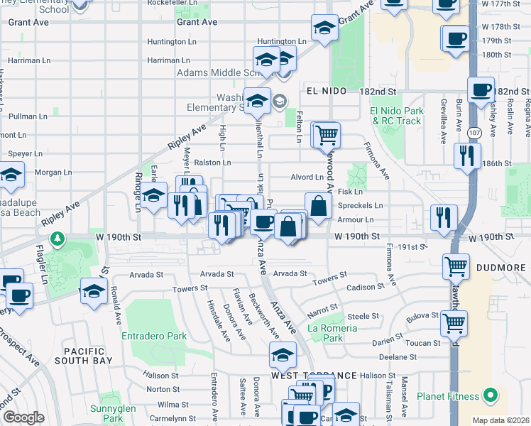 map of restaurants, bars, coffee shops, grocery stores, and more near 603 Pruitt Drive in Redondo Beach