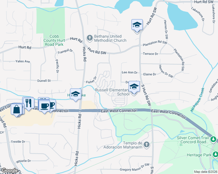 map of restaurants, bars, coffee shops, grocery stores, and more near 3966 Covey Flush Court Southwest in Smyrna