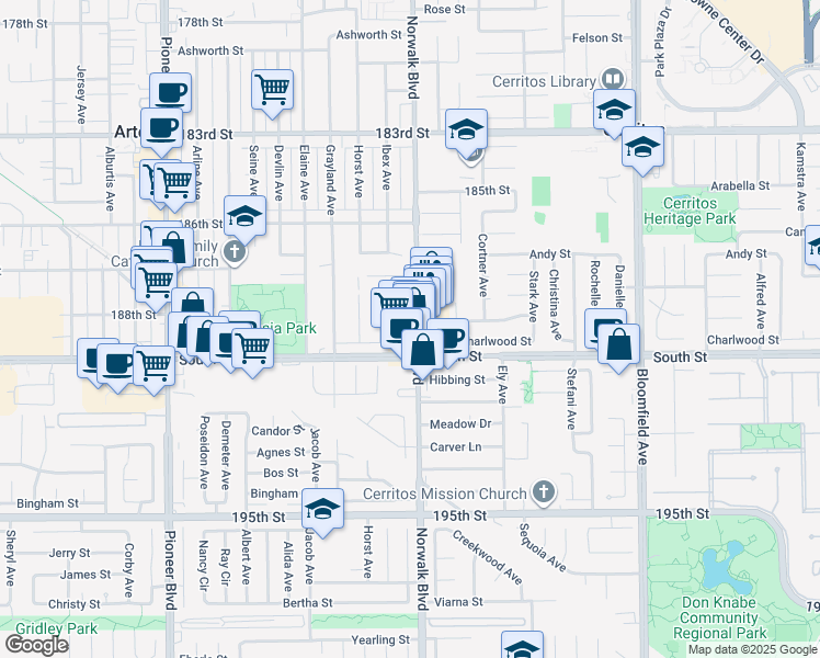 map of restaurants, bars, coffee shops, grocery stores, and more near 18858 Fagan Ave in Artesia