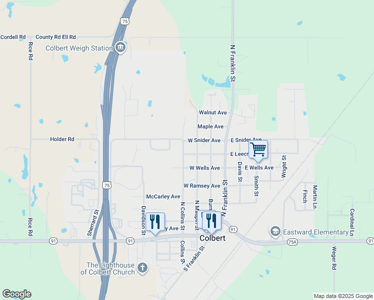 map of restaurants, bars, coffee shops, grocery stores, and more near 630 North Collins Street in Colbert