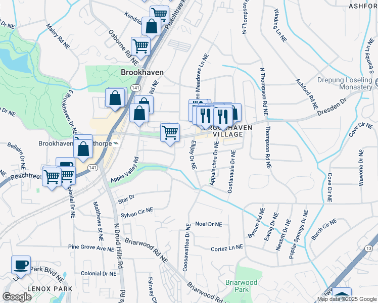 map of restaurants, bars, coffee shops, grocery stores, and more near 2516 Ellijay Drive Northeast in Atlanta
