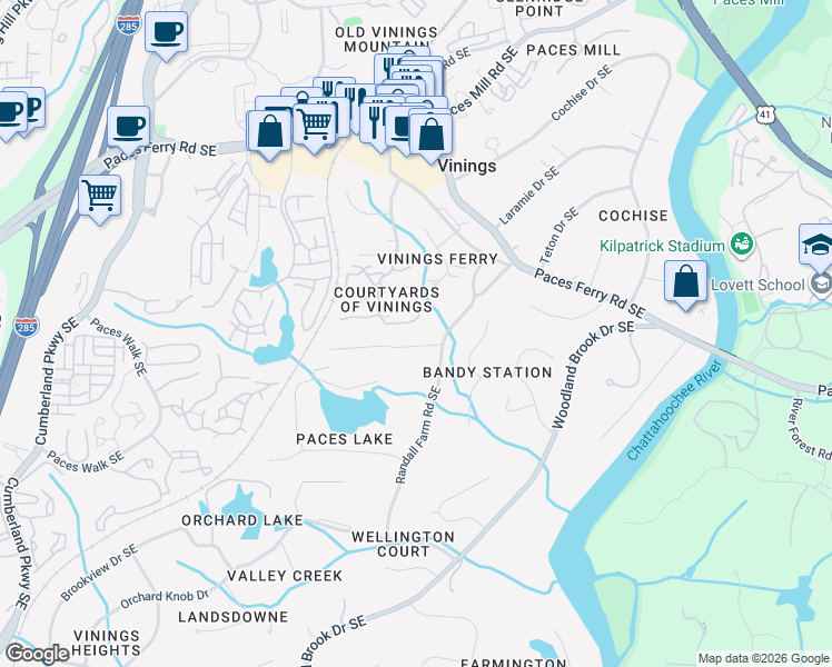 map of restaurants, bars, coffee shops, grocery stores, and more near 3011 Vinings Forest Way SE in Atlanta