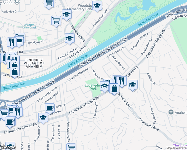 map of restaurants, bars, coffee shops, grocery stores, and more near 231 North Circulo Robel in Anaheim