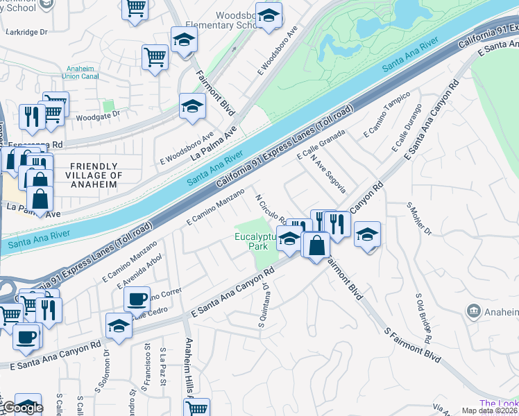 map of restaurants, bars, coffee shops, grocery stores, and more near 231 North Circulo Robel in Anaheim