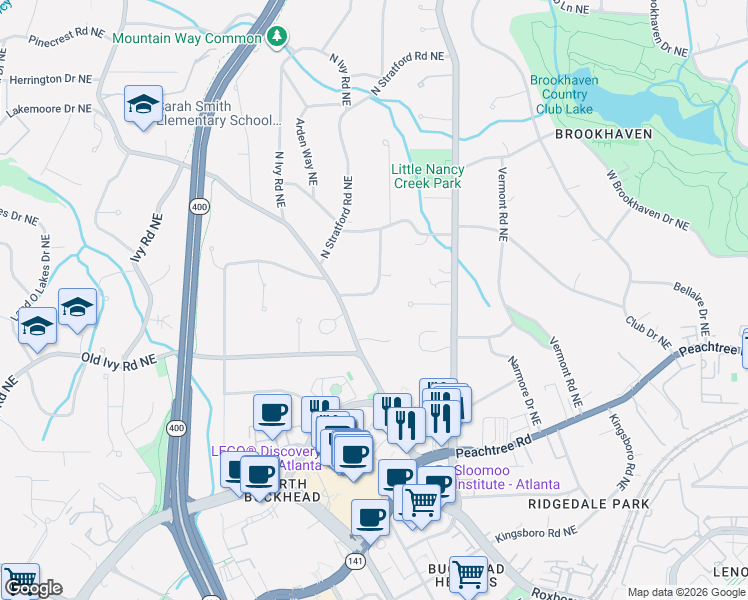 map of restaurants, bars, coffee shops, grocery stores, and more near 3829 Wieuca Terrace Northeast in Atlanta