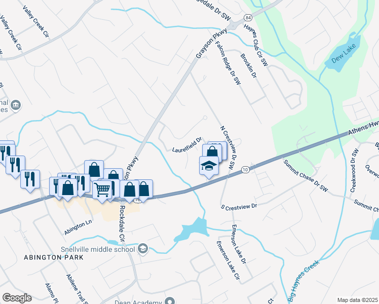 map of restaurants, bars, coffee shops, grocery stores, and more near 2628 Downingwood Lane Southwest in Grayson