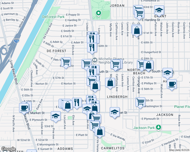 map of restaurants, bars, coffee shops, grocery stores, and more near 5711 Atlantic Avenue in Long Beach