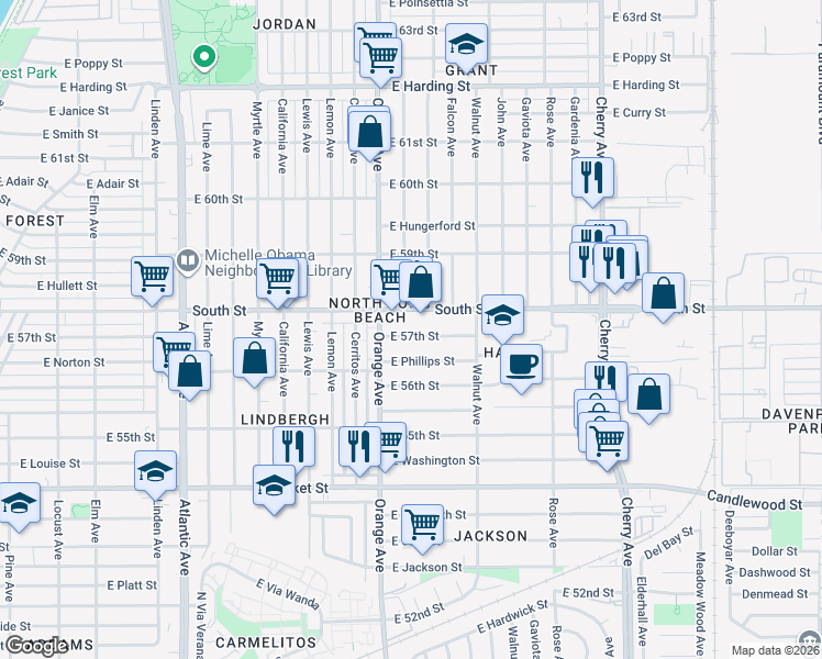 map of restaurants, bars, coffee shops, grocery stores, and more near 1313 East 57th Street in Long Beach