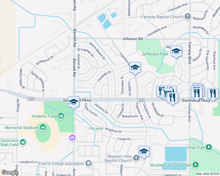 map of restaurants, bars, coffee shops, grocery stores, and more near 4661 Balboa Drive in Wichita Falls