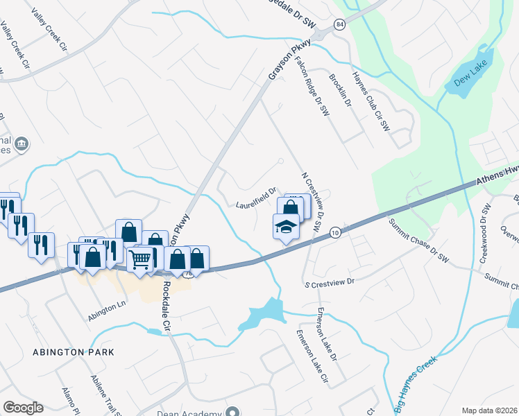 map of restaurants, bars, coffee shops, grocery stores, and more near 2628 Downingwood Lane Southwest in Grayson