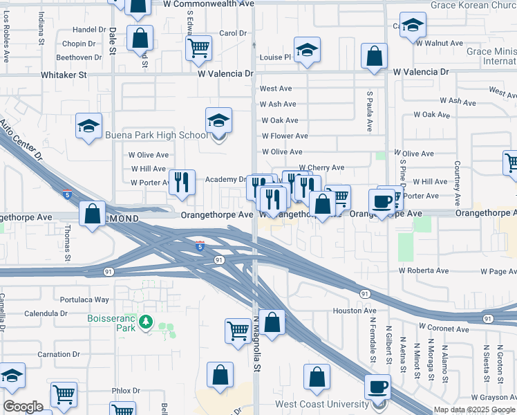 map of restaurants, bars, coffee shops, grocery stores, and more near in Fullerton