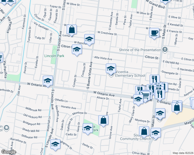 map of restaurants, bars, coffee shops, grocery stores, and more near 2057 Santa Barbara Street in Corona