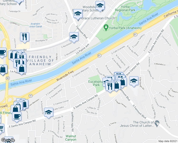 map of restaurants, bars, coffee shops, grocery stores, and more near 262 North Paseo De Juan in Anaheim