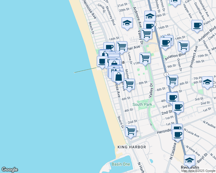 map of restaurants, bars, coffee shops, grocery stores, and more near in Hermosa Beach