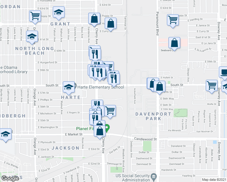 map of restaurants, bars, coffee shops, grocery stores, and more near 2150 East South Street in Long Beach