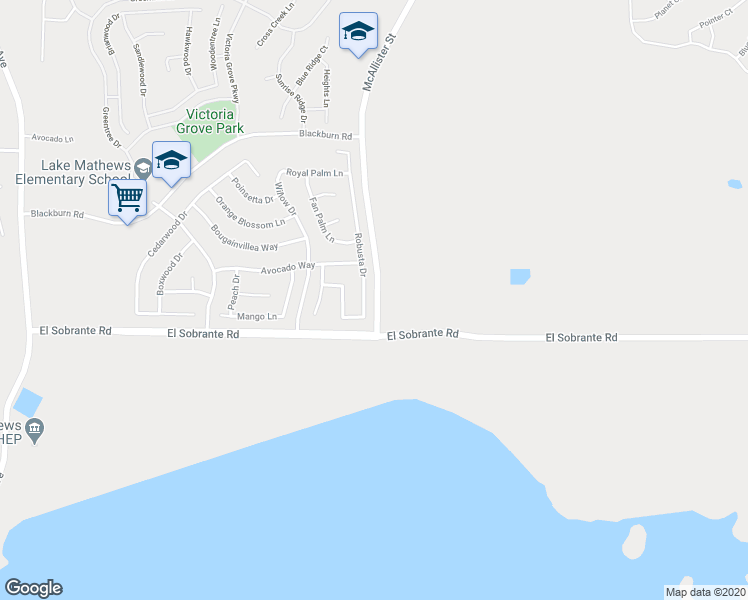 map of restaurants, bars, coffee shops, grocery stores, and more near 17885 McAllister Street in Riverside