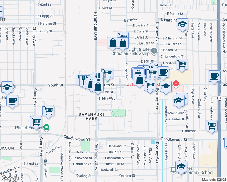 map of restaurants, bars, coffee shops, grocery stores, and more near 2851 East 57th Street in Long Beach