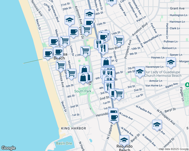 map of restaurants, bars, coffee shops, grocery stores, and more near 634 Ardmore Avenue in Hermosa Beach