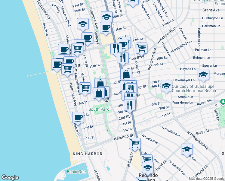 map of restaurants, bars, coffee shops, grocery stores, and more near 634 Ardmore Avenue in Hermosa Beach