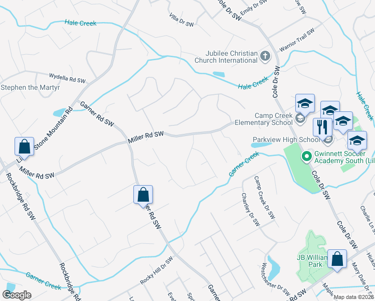 map of restaurants, bars, coffee shops, grocery stores, and more near 835 Newcastle Drive Southwest in Lilburn