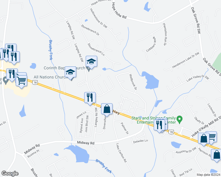 map of restaurants, bars, coffee shops, grocery stores, and more near 3360 Wrenwood Court in Loganville
