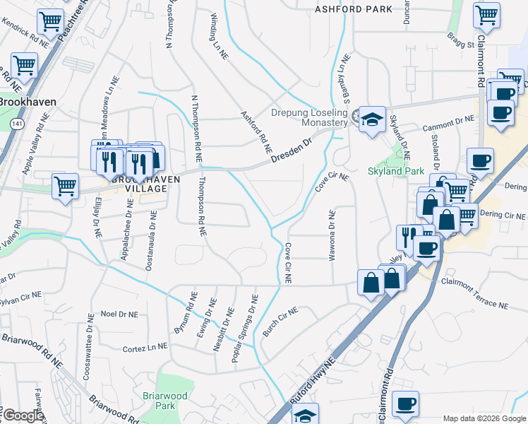 map of restaurants, bars, coffee shops, grocery stores, and more near 1659 Wayland Circle Northeast in Atlanta