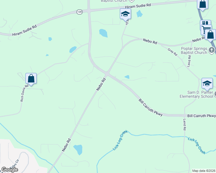 map of restaurants, bars, coffee shops, grocery stores, and more near 7012 Nebo Road in Hiram