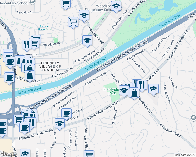 map of restaurants, bars, coffee shops, grocery stores, and more near 6199 East Camino Manzano in Anaheim