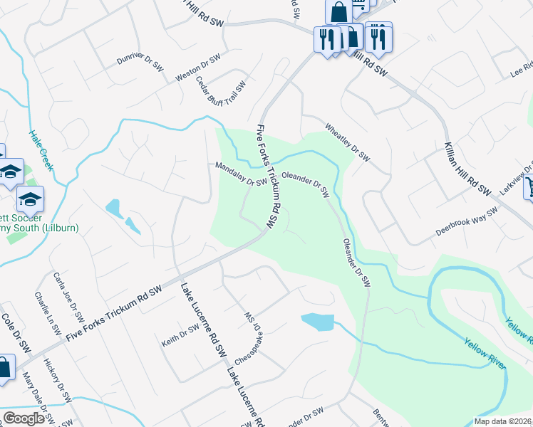 map of restaurants, bars, coffee shops, grocery stores, and more near 4341 Five Forks Trickum Road Southwest in Lilburn