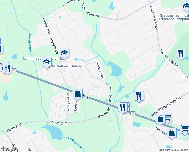 map of restaurants, bars, coffee shops, grocery stores, and more near 3330 Wellbrook Drive in Loganville