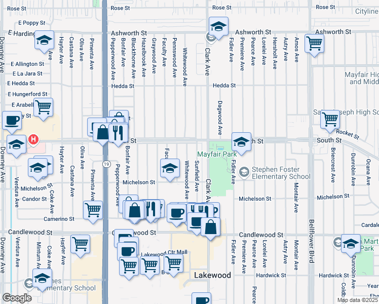 map of restaurants, bars, coffee shops, grocery stores, and more near 5728 Whitewood Avenue in Lakewood