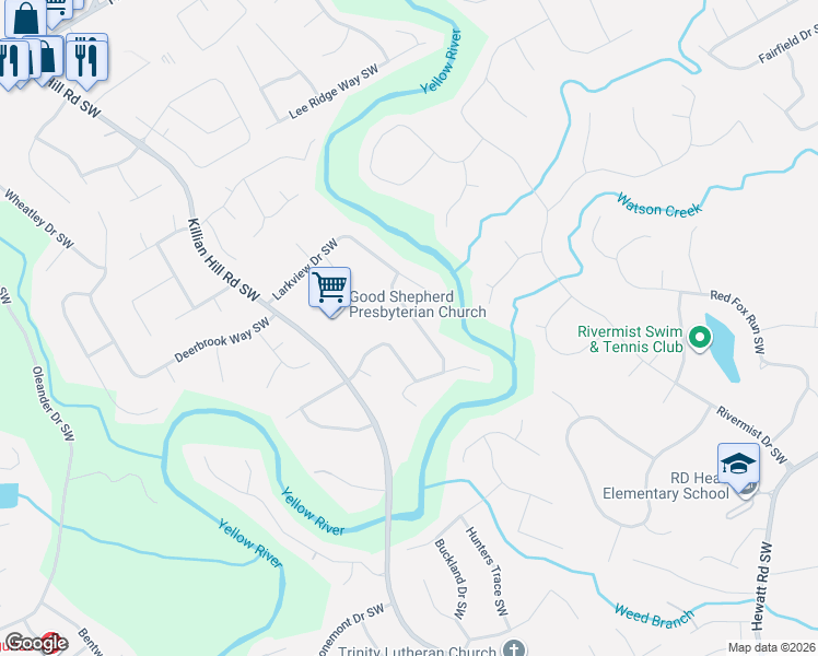 map of restaurants, bars, coffee shops, grocery stores, and more near 1433 Janice Court Southwest in Lilburn
