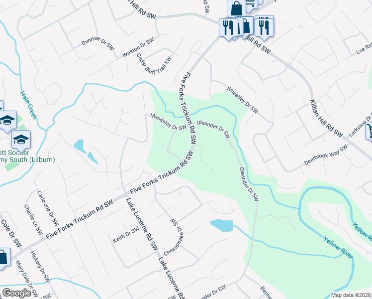 map of restaurants, bars, coffee shops, grocery stores, and more near 4341 Five Forks Trickum Road Southwest in Lilburn